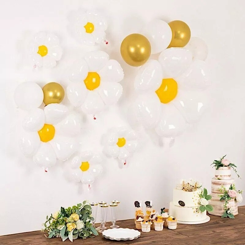 10 White Yellow Assorted Daisy Flower Mylar Foil Balloons Party Decorations
