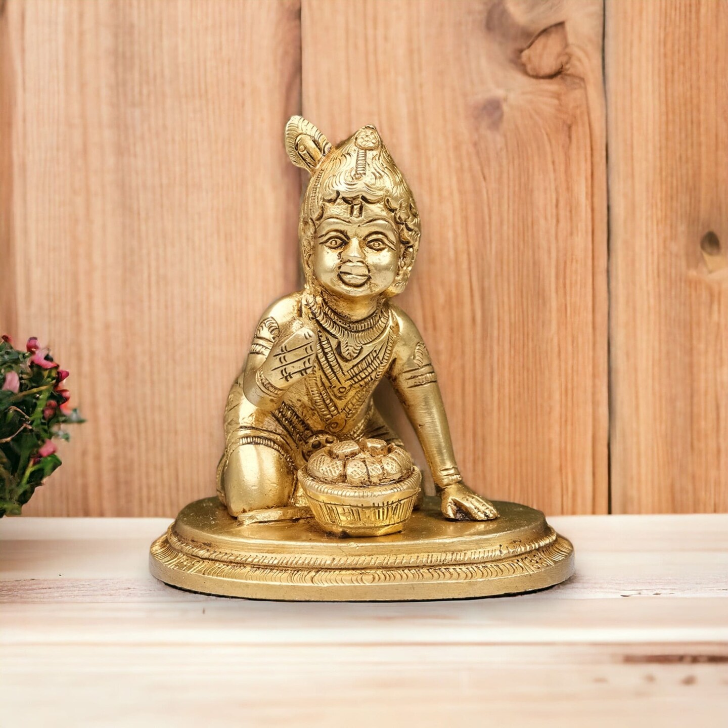 Brass Krishna Laddoo Gopal Kanha Bal Gopal Thakur Ji Makhan Chor Statue Idol Murti Sculpture Figurine for Home Temple Decor - Decorative Showpiece Janmashtami Housewarming Gift (3.5 Inches)