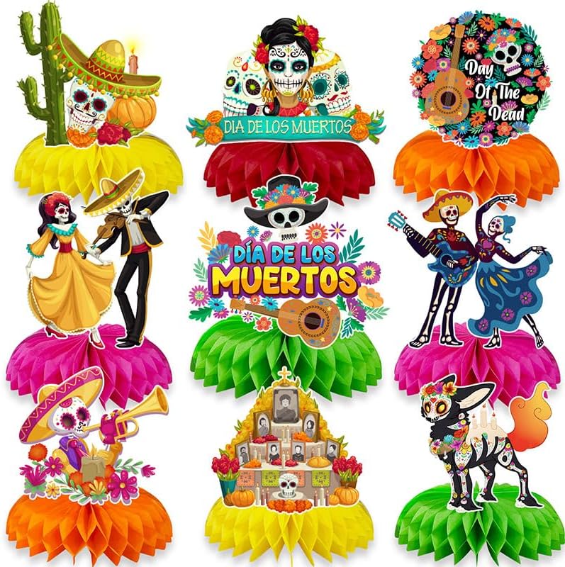 9PCS Day of the Dead Centerpieces, Dia De Los Muertos Table Decorations, Classic Sugar Skull Table Oranaments for Party, Day of the Dead Party Supplies Party Favors