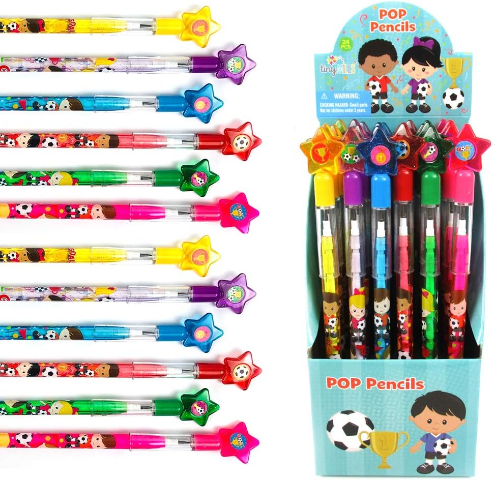 TINYMILLS 24 Pcs Soccer Stackable Push Pencil Assortment with Eraser for Birthday Team Party Favor Prize Carnival Classroom Rewards