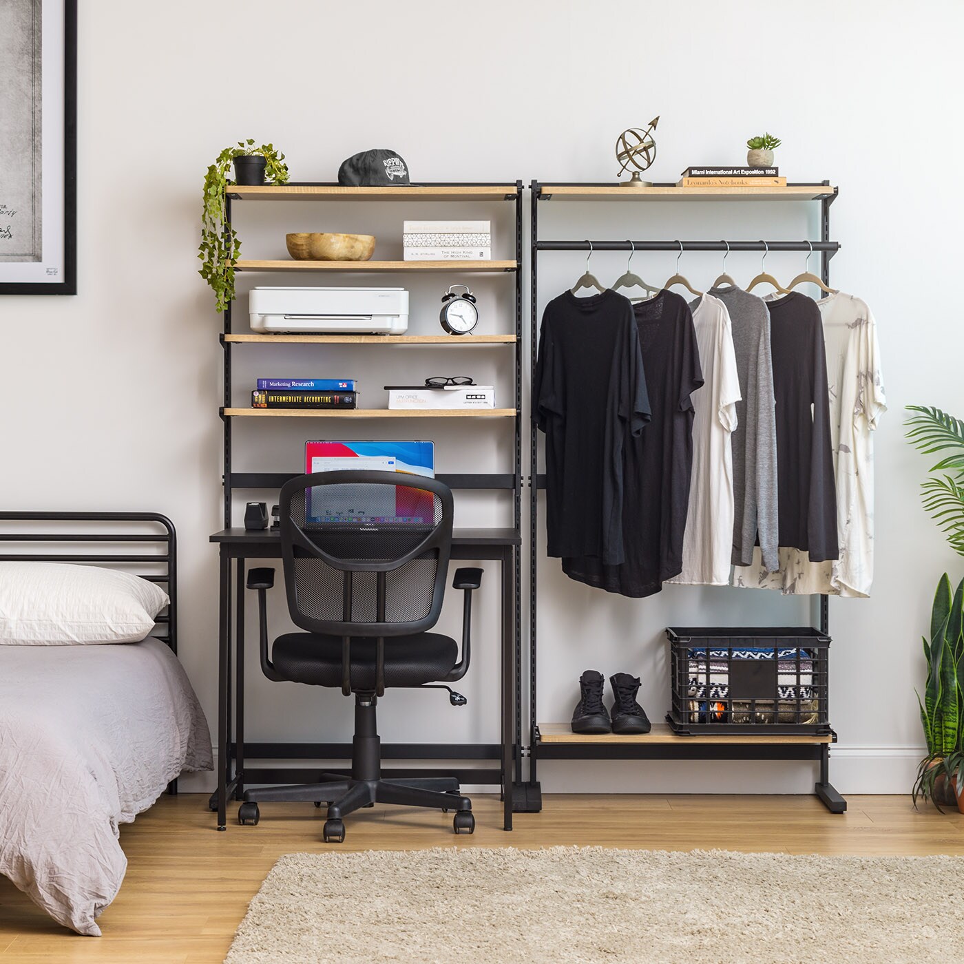 IRIS USA Portable Shelving Unit with 2 Adjustable Shelves and Clothing Rod, for Office, Laundry, Kitchen, Bedroom, Bathroom, and Other Small Rooms