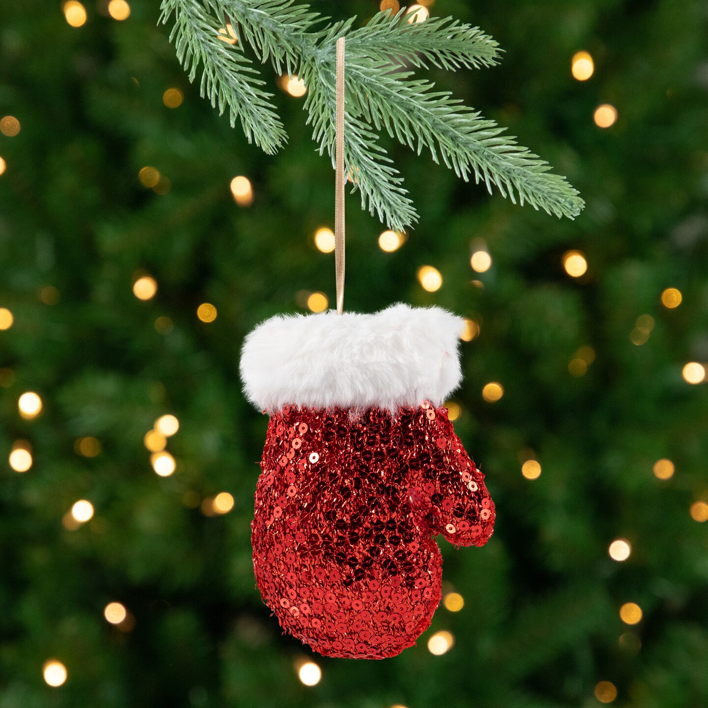 Northlight Sequined Winter Mitten with Plush Trim Christmas Ornament - 6" - Red