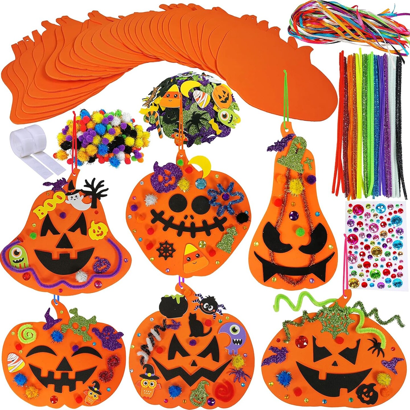 Decorations DIY Pumpkin Craft Kits Foam Pumpkin Shapes with Halloween Stickers Jack-O&#x27;-Lantern Face Stickers for Kids Gift Favors Art Project Classroom Activity