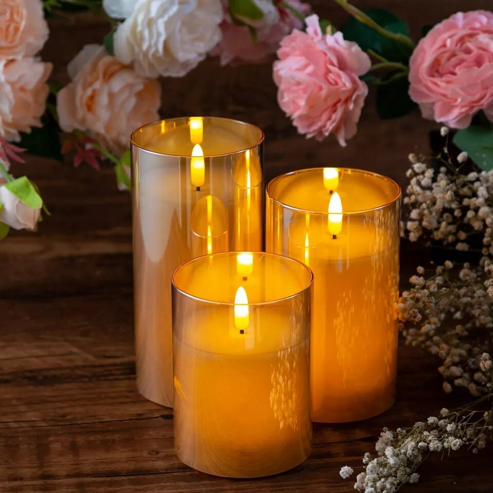 3Pack Gold Glass Flameless LED Candles with Remote Battery Operated Flickering
