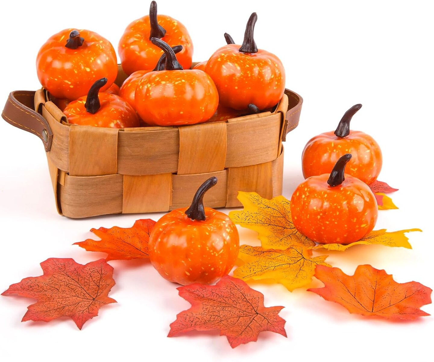 12PCS Mini Fake Pumpkins with 30PCS Lifelike Maple Leaves Faux Pumpkins for Decorating Fall Harvest Garland Halloween DIY for Crafts Thanksgiving Decorations