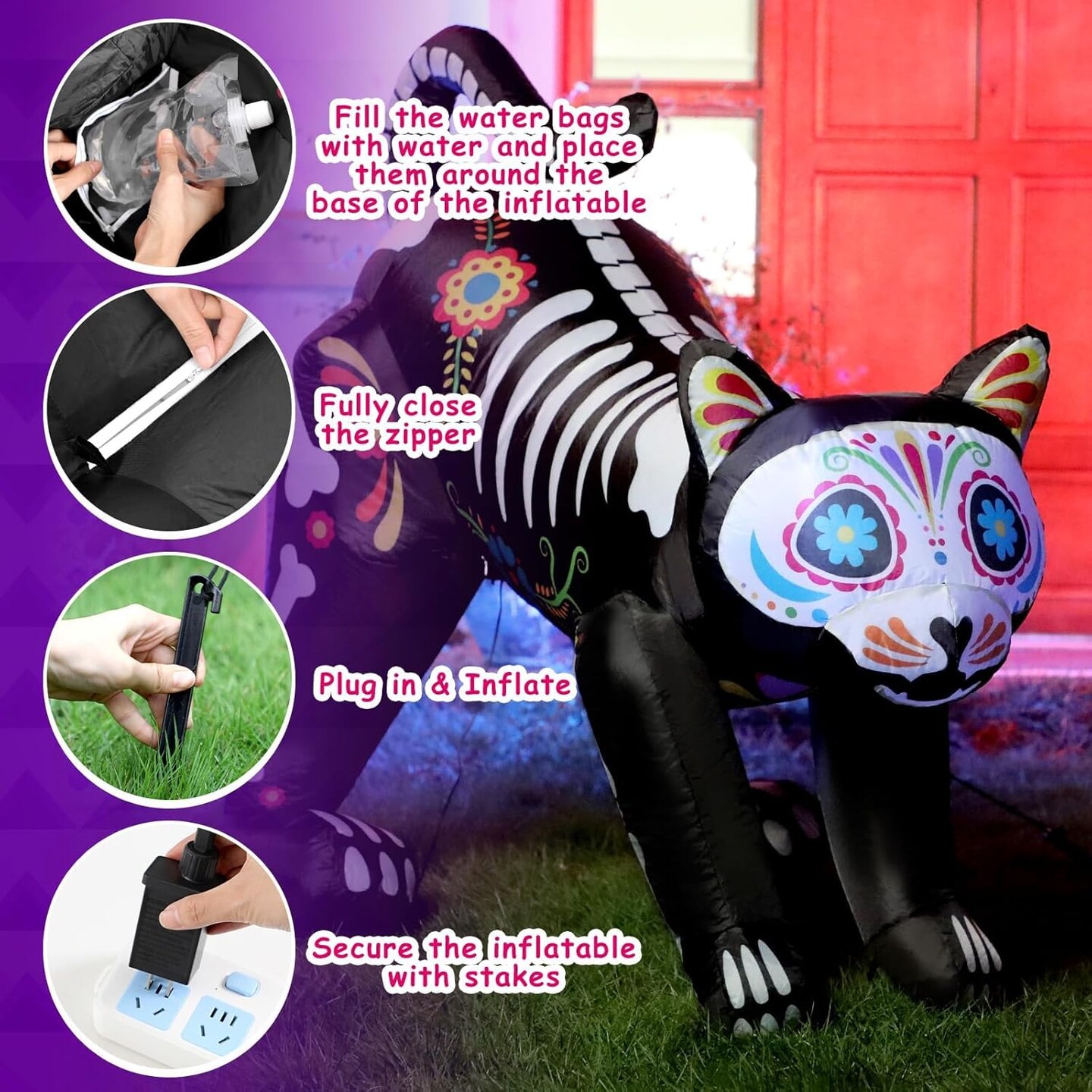Day of The Dead Inflatable Skull Cat LED Blow Up Decor