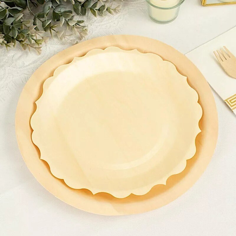 12 Round 9" Natural Birch Wood Dinner Plates Scalloped Rim Party Events Supplies