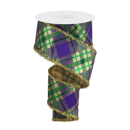 2.5&#x22;x10yd Glitter Plaid Mardi Gras Wired Ribbon &#x2013; Metallic Purple, Green &#x26; Gold | TCT Crafts-RG0818408