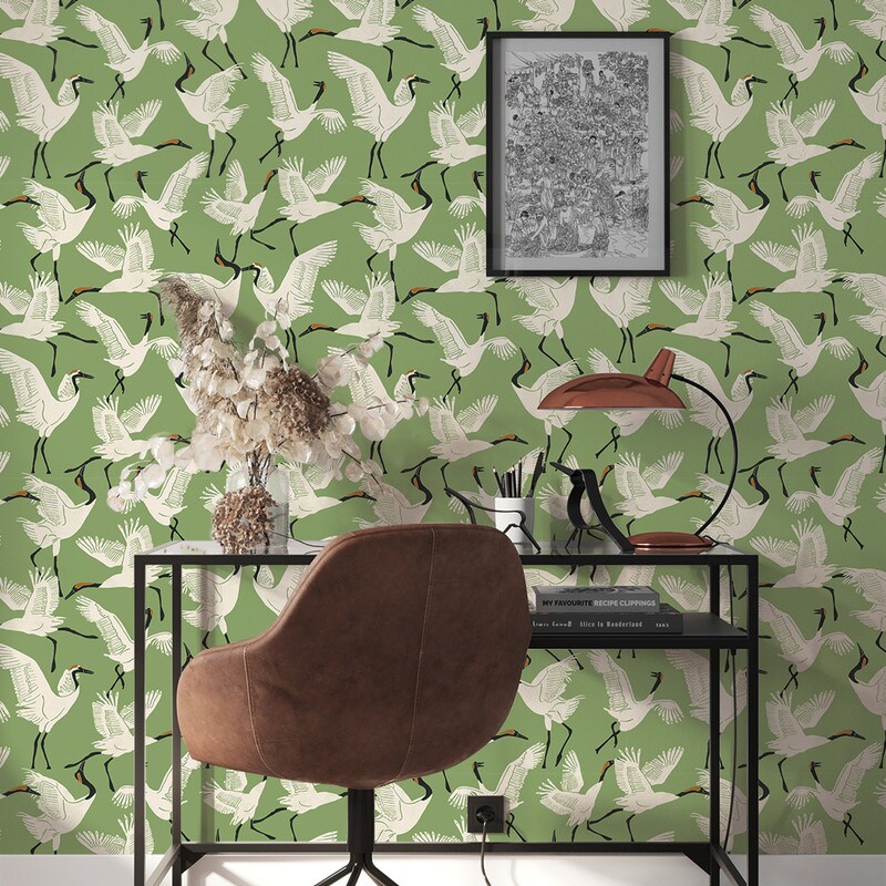 Tempaper Family of Cranes by Novogratz Peel and Stick Wallpaper Waverly Green