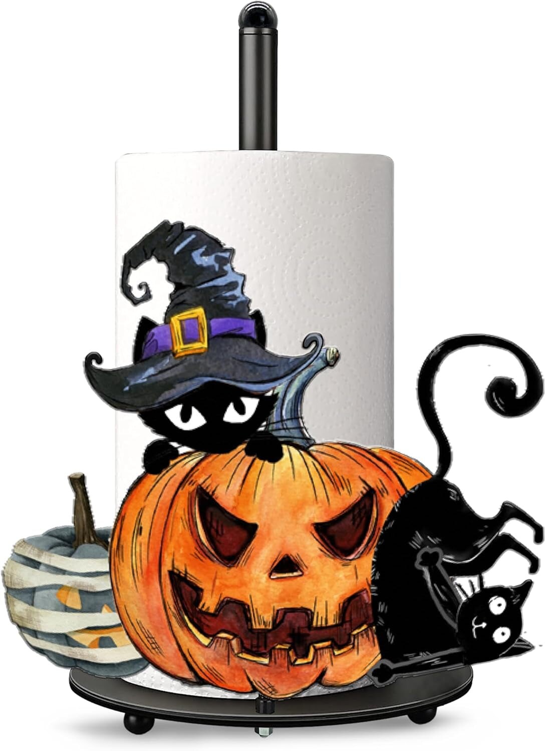 Halloween Paper Towel Holder, Farmhouse Halloween Cat Kitchen Decor Accessories Paper Towel Holder Stand, Metal Halloween Decorations for Home Bathroom, Large Black Towel Stand for Countertops