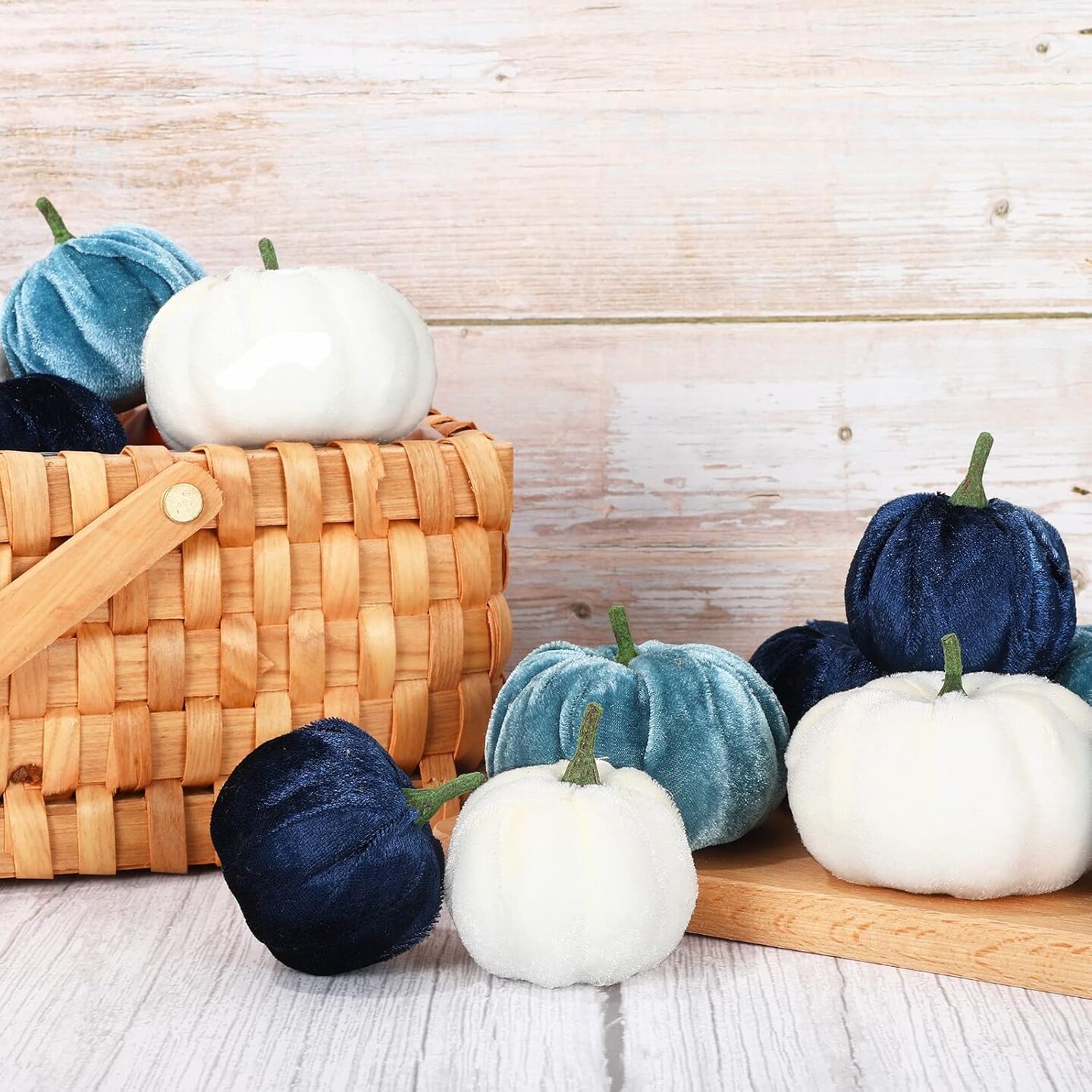 12Pcs Fall Velvet Pumpkin Blue White Artificial Pumpkins 2 Sizes Fake Fabric Pumpkin Autumn Table Centerpiece for Thanksgiving Halloween Party Mantel Farmhouse Decor