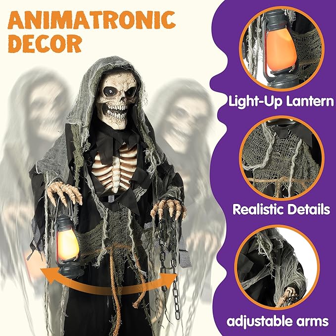 Grim Reaper Animated Decoration with Spooky and Light-Up Eyes/Creepy Sound/Moving Arms &#x26; Head (Sound Activated) for Halloween Decorations Outdoor Indoor