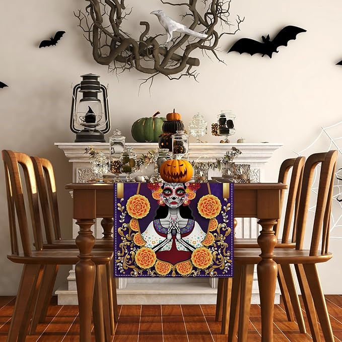 De Los Muertos Tablecloth Sugar Skull Marigold Mexican Fiesta Party Decoration and Supplies for Home Kitchen Table-13×72''