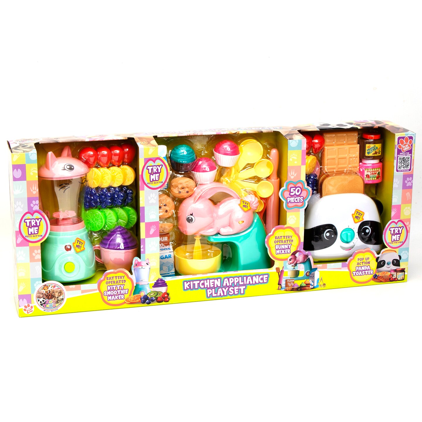 Zoo Troop: Kitchen Appliance Playset - 50 Pieces - Food Playset w/ Kitty Blender, Bunny Mixer &#x26; Toaster, Battery Operated, Toddler Kids Ages 2+