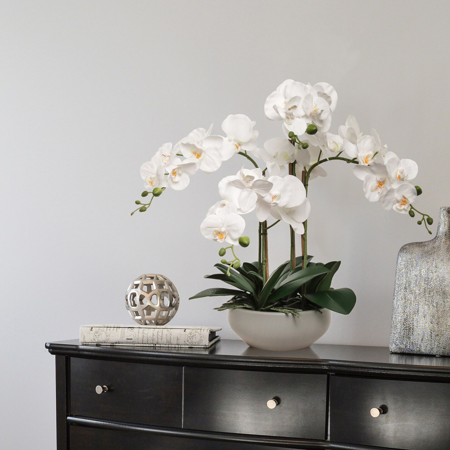 20&#x22; White Phalaenopsis Orchid Flowers in Round Grey Pot - Ideal for Home, Office, and Event D&#xE9;cor - Floral Home by Artificial Flowers
