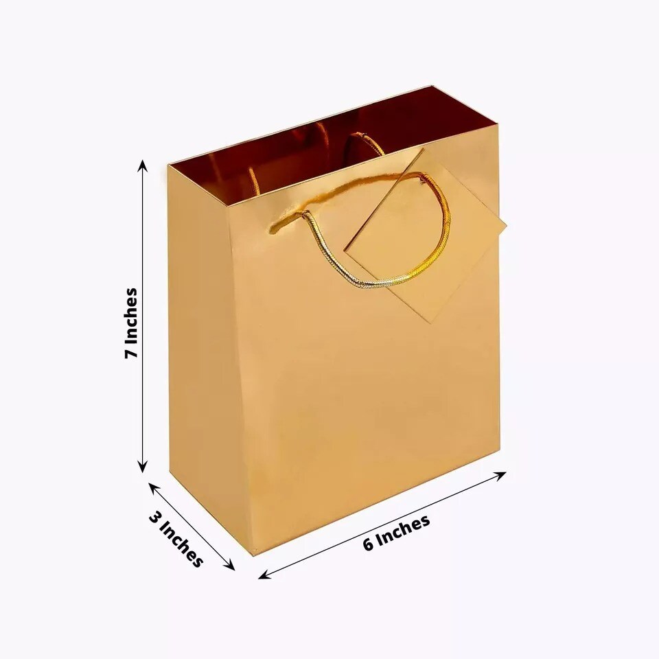 12 Metallic Gold 7&#x22; Paper Favor Gift Bags Handles Party Events Home Decorations