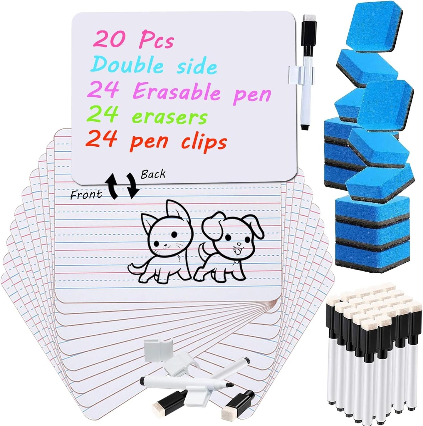 20 Pcs 9&#x22;X12&#x22; Double Sided Dry Erase Boards, Small Whiteboards with Lines for Students Classroom Teachers School Supplies Office with 24Pens 24 Erasers 24 Pen Clips