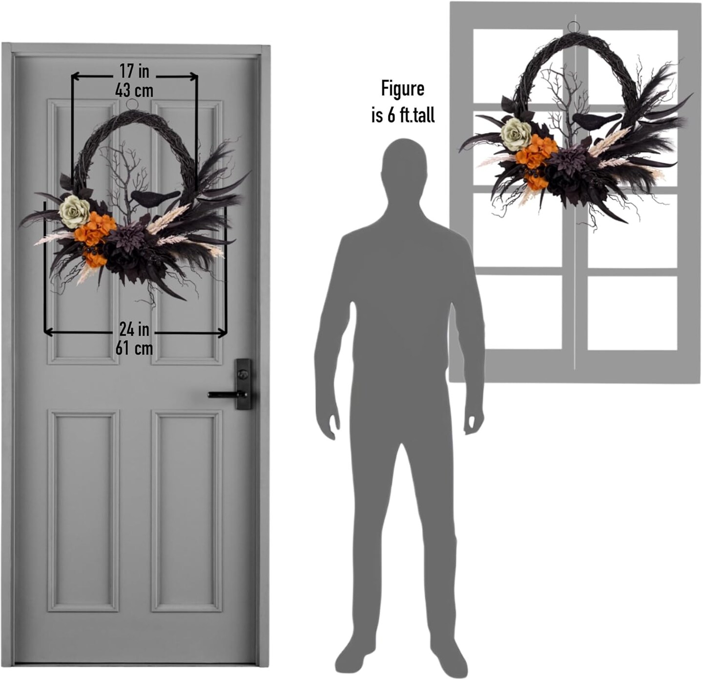 Halloween Wreath for Front Door 24 inch, Natural Grapevine Oval Wreath with Faux Flower &#x26; Crow for Hallowen Home Decor, 18 inch Base, Full Handmade, 2024 New