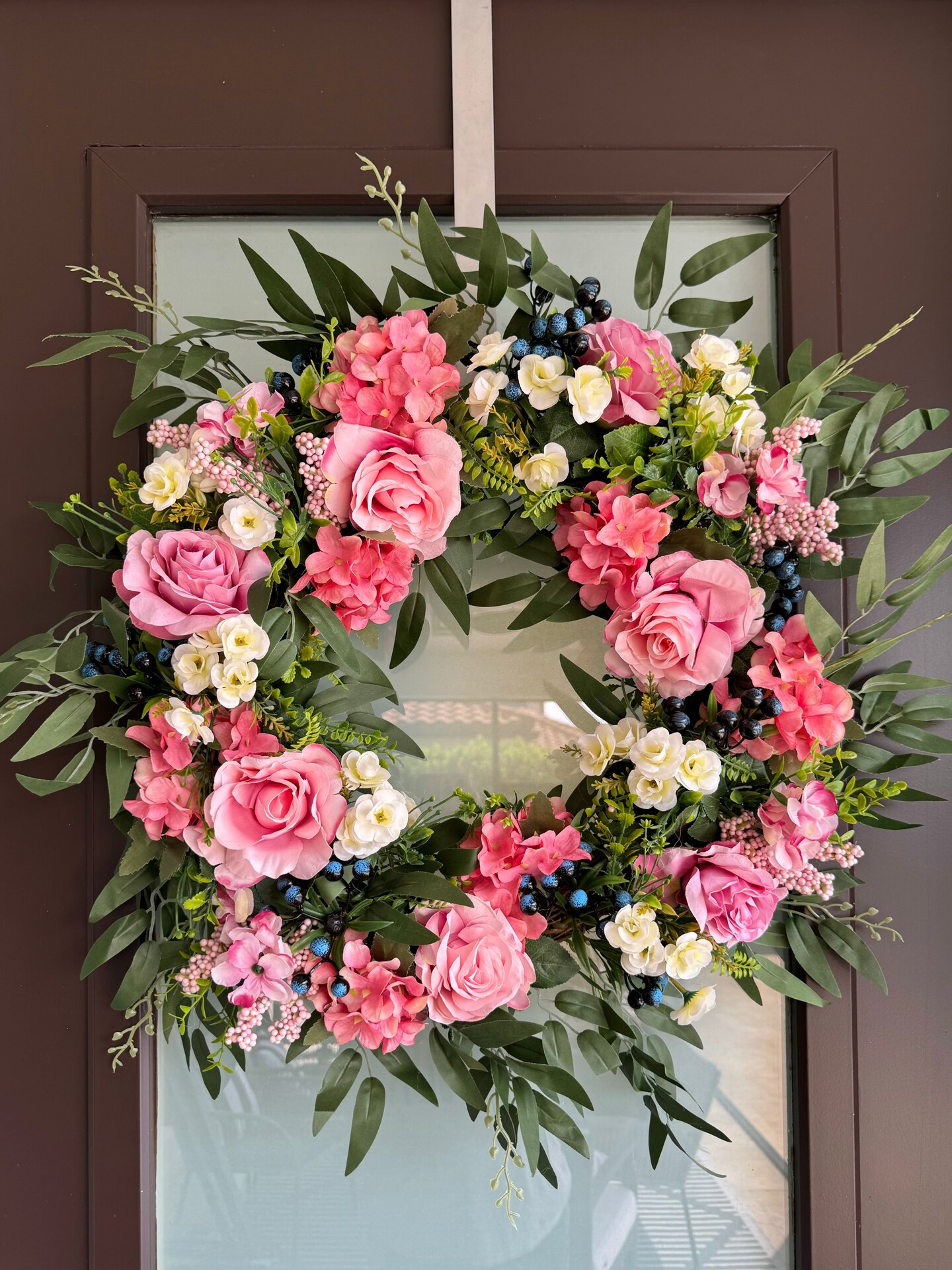 Lyla Pink Rose Green Beech Door Wreath  24&#x22; All Season Indoor Outdoor