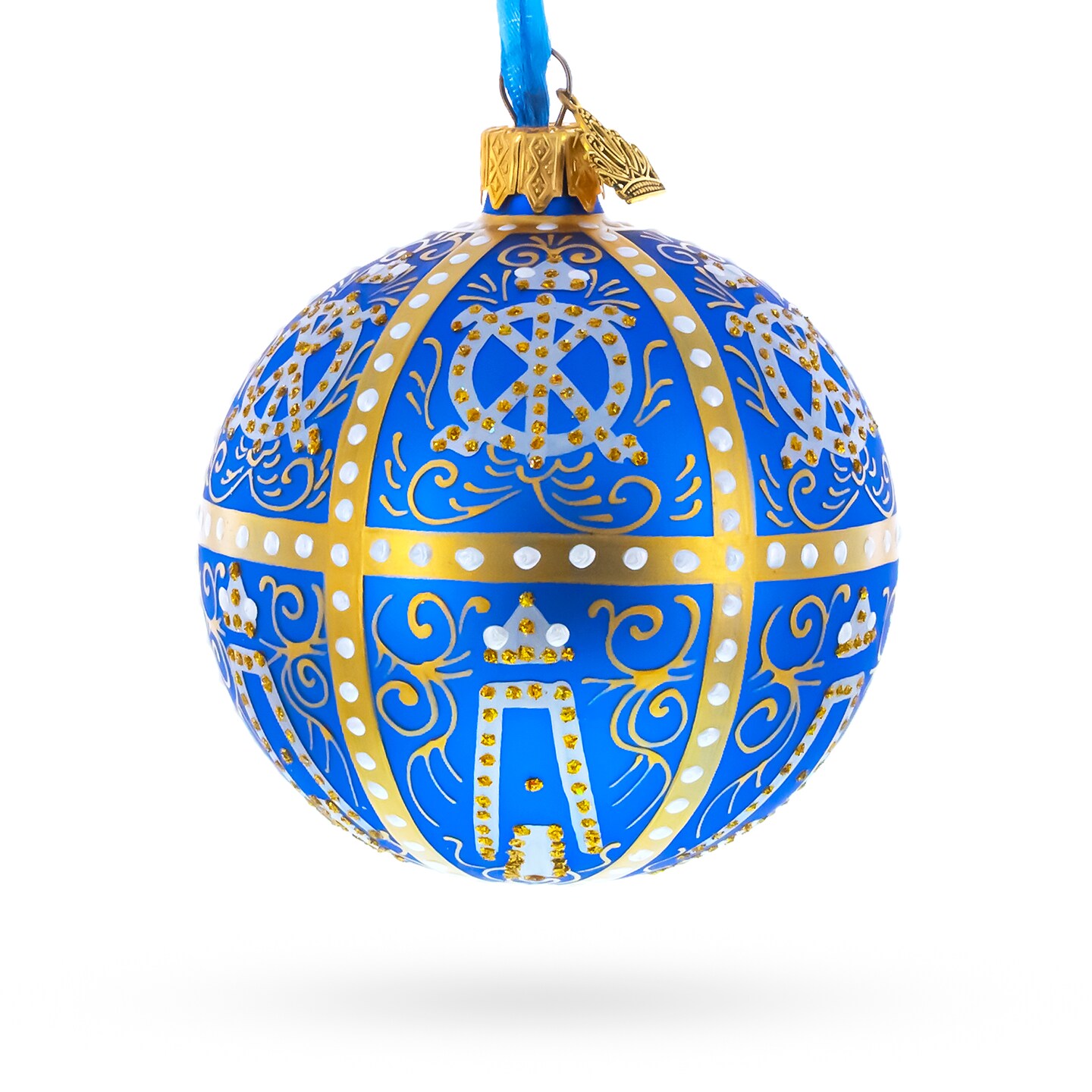 1896 Twelve Monograms Royal Blue Glass Ball Christmas Ornament 3.25 Inches