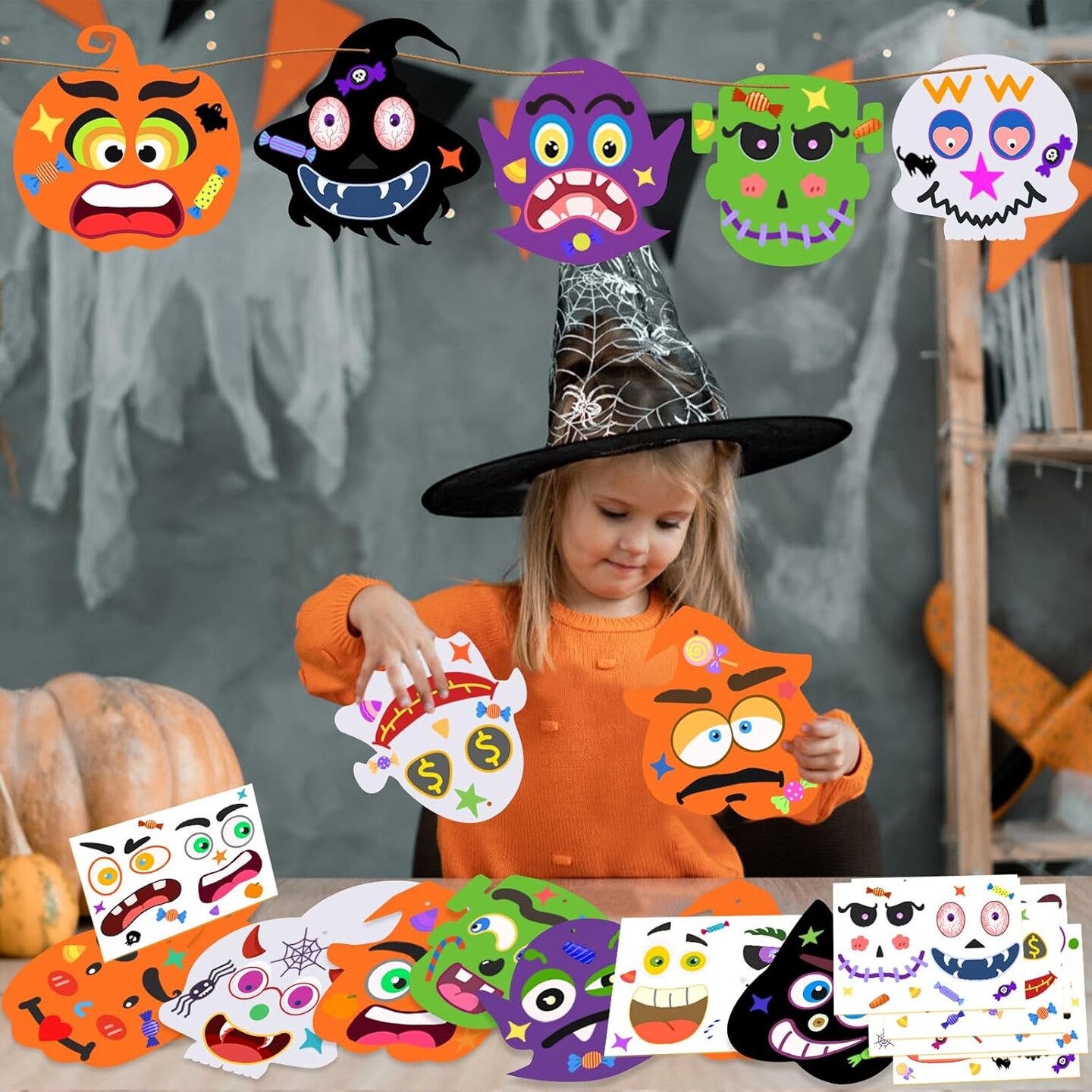 Halloween Activitie Art and Craft Foam Pumpkin Cat Bat Ghost Witches with Self Adhesive Face Stickers Kits for Kids Halloween Decorations Game Party Favors
