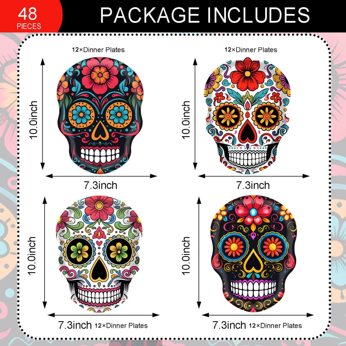 Day of the Dead Party Supplies Sugar Skull Holiday Paper Plates Disposable Dia De Los Muertos Plates Mexican Fiesta Dessert Plates Party Serving Trays Tableware(48 Pcs)