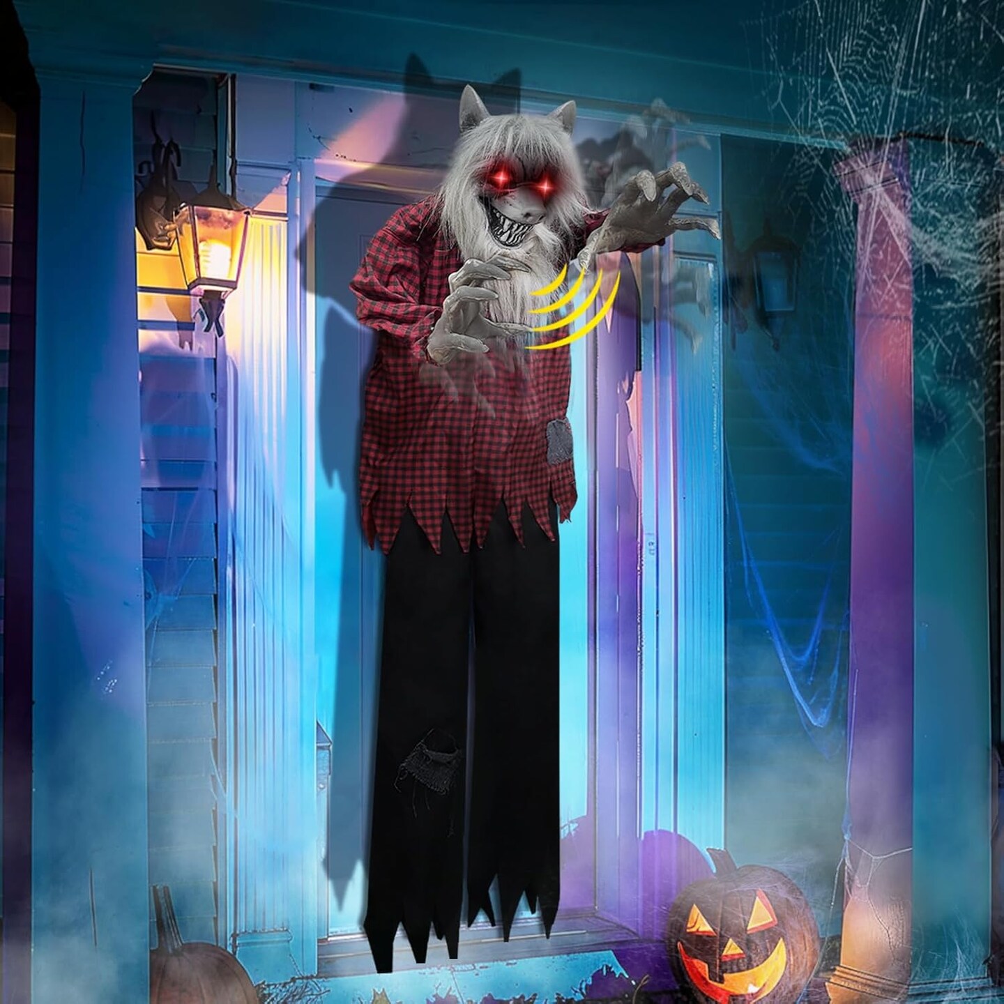 Motion &#x26; Howling Plaid-Clad Werewolf Animatronic Halloween Decoration Sound Activated, Light-Up Red Eyes Poseable Arms, 47 Inch Hanging Halloween Prop for Outdoor Haunted House Scary Decor