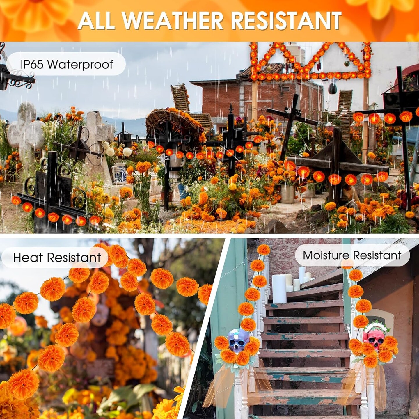 Solar Marigold Garland Lights, Solar Powered Marigold Flowers Outdoor Waterproof with 30 LEDs for Outside Dia de los Muertos, Day of the Dead, Diwali, Coco Party, Altar, Grave, Cemetery Decorations