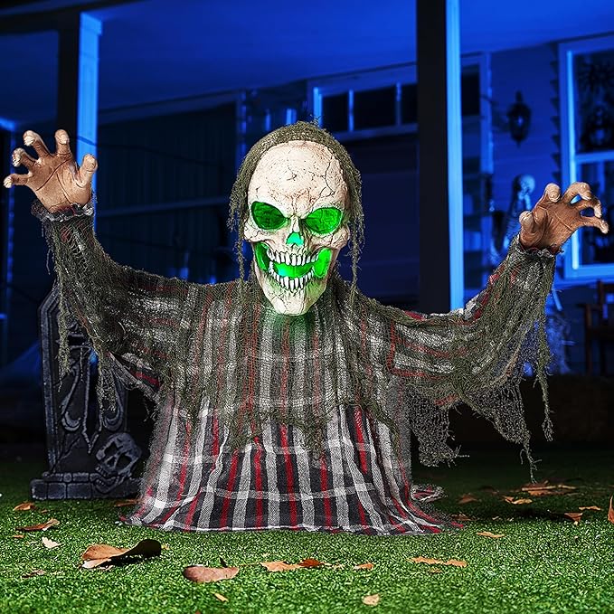 Animated Zombie Groundbreaker Graveyard Decor Outside, 25’’ Groundbreaker Skeleton Prop with Moving Arms & Green Light, Lawn Yard Haunted House Decor