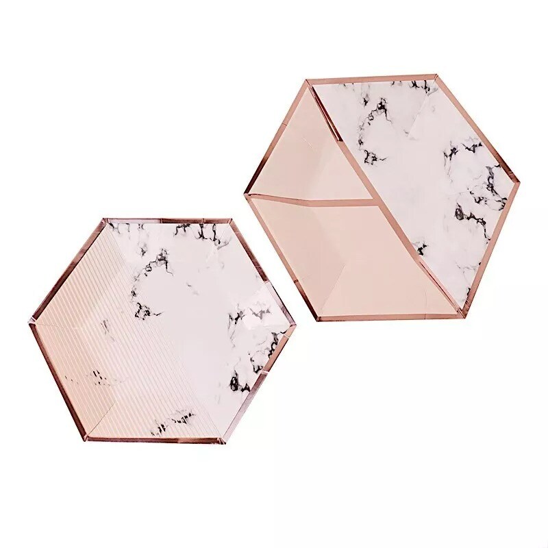 50 Marble Rose Gold Hexagon Salad Dinner Paper Plates Party Tableware