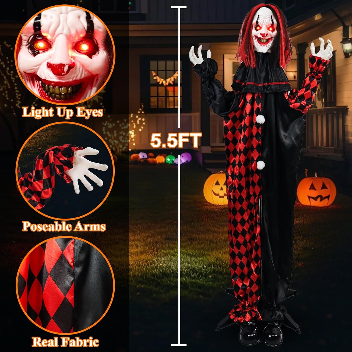 Scary Talking Clown Halloween Animatronic with Movement, Touch Activated Lights, Sounds, and Light-Up Eyes Outdoor &#x26; Indoor Decoration (Clown, 5.5FT)