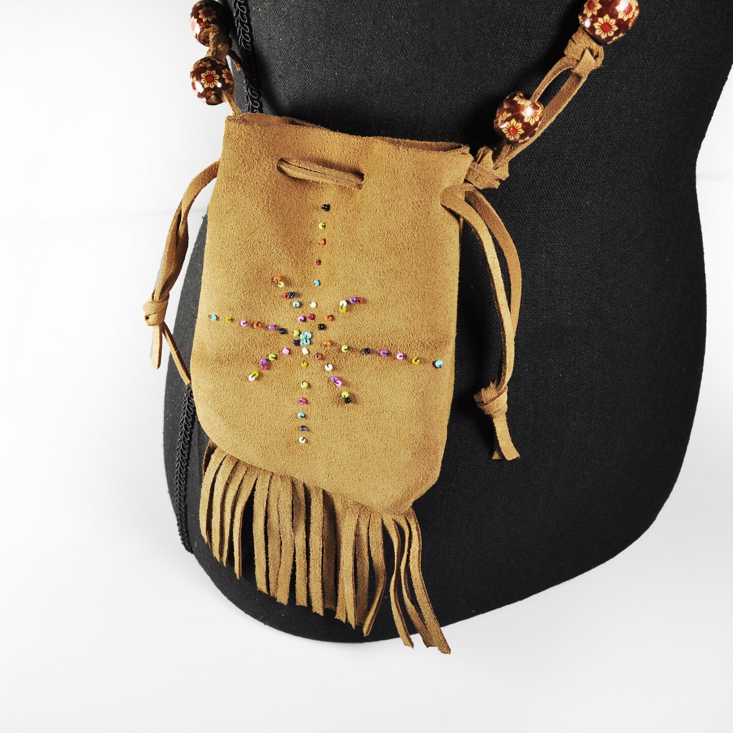 Handmade rich brown suede handbag with on sale gold beading and fringe twisted and painted