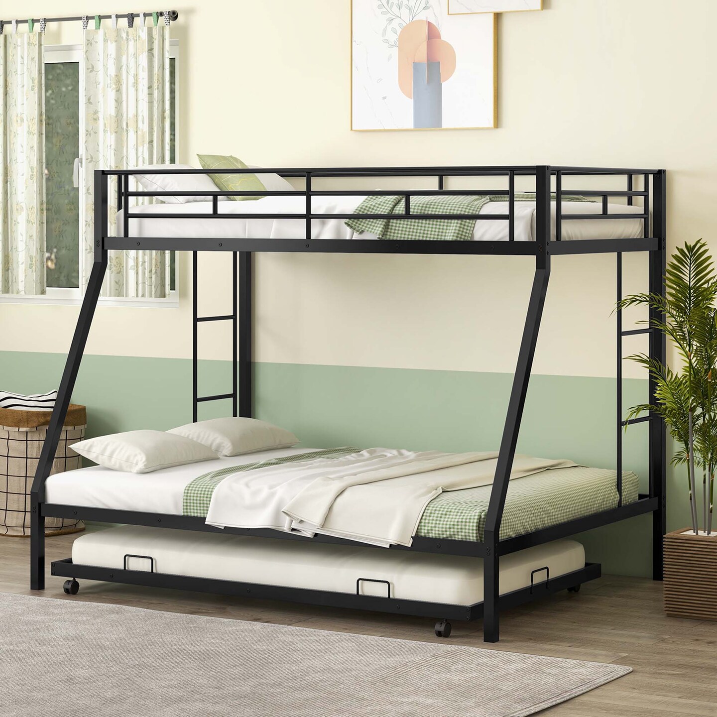 Costway Twin Over Full Metal Slats Bunk Bed Frame with Trundle, Guard Rail &#x26; Ladders White/Black