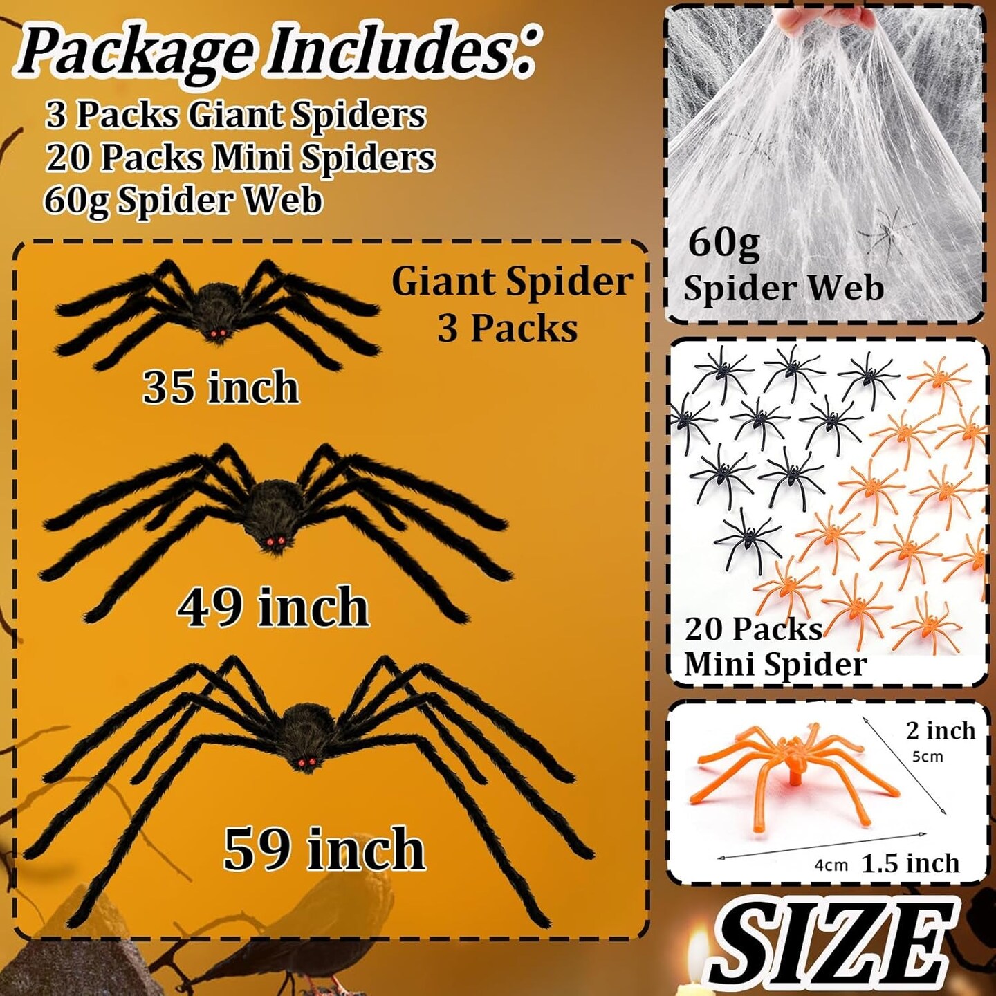 Halloween Giant Spider Decorations Indoor Outdoor Realistic Halloween Spider 3 Pack Sets with 250Sqft Spider Webs and 20 Fake Mini Spiders, Scary Hairy Spiders Props Yard Creepy D&#xE9;cor