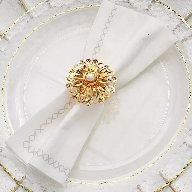 Gold 4 Metal 2&#x22; Pearl Daffodil Flower Design Napkin Rings Party Events Supplies