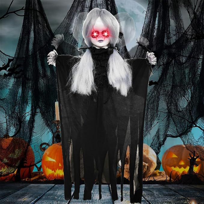 Decoration Outdoor with Sound Activated,Talking Scary Girl with White Light-up Eyes and Body Swing,Horror Prop for Indoor Lawn Decor (47 Inch)