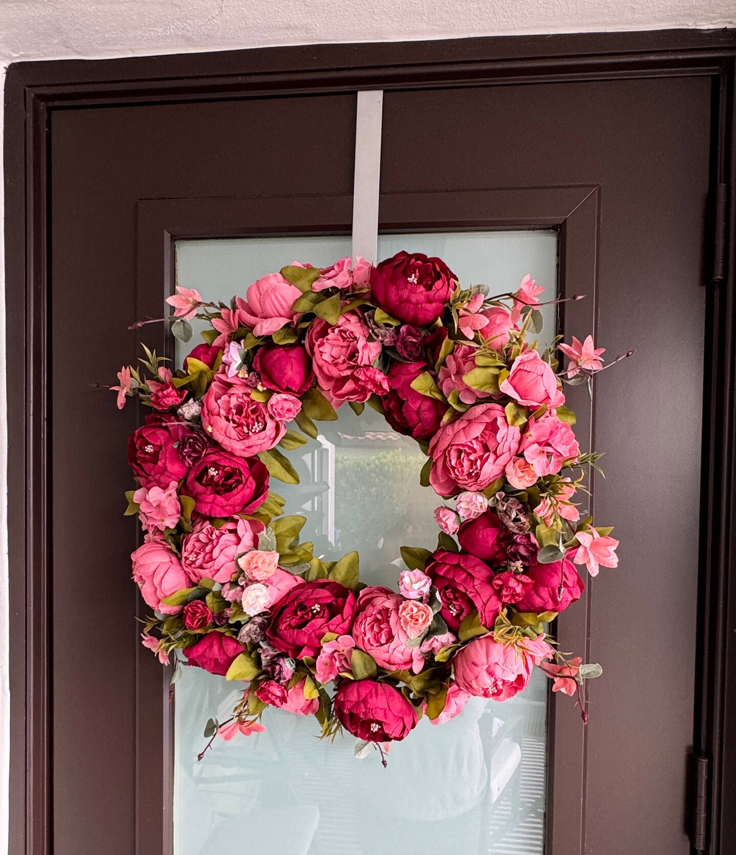 Zoey Large Burgundy Red Peachy Pink Faux Peony Flower Wreath 23&#x22; All Season