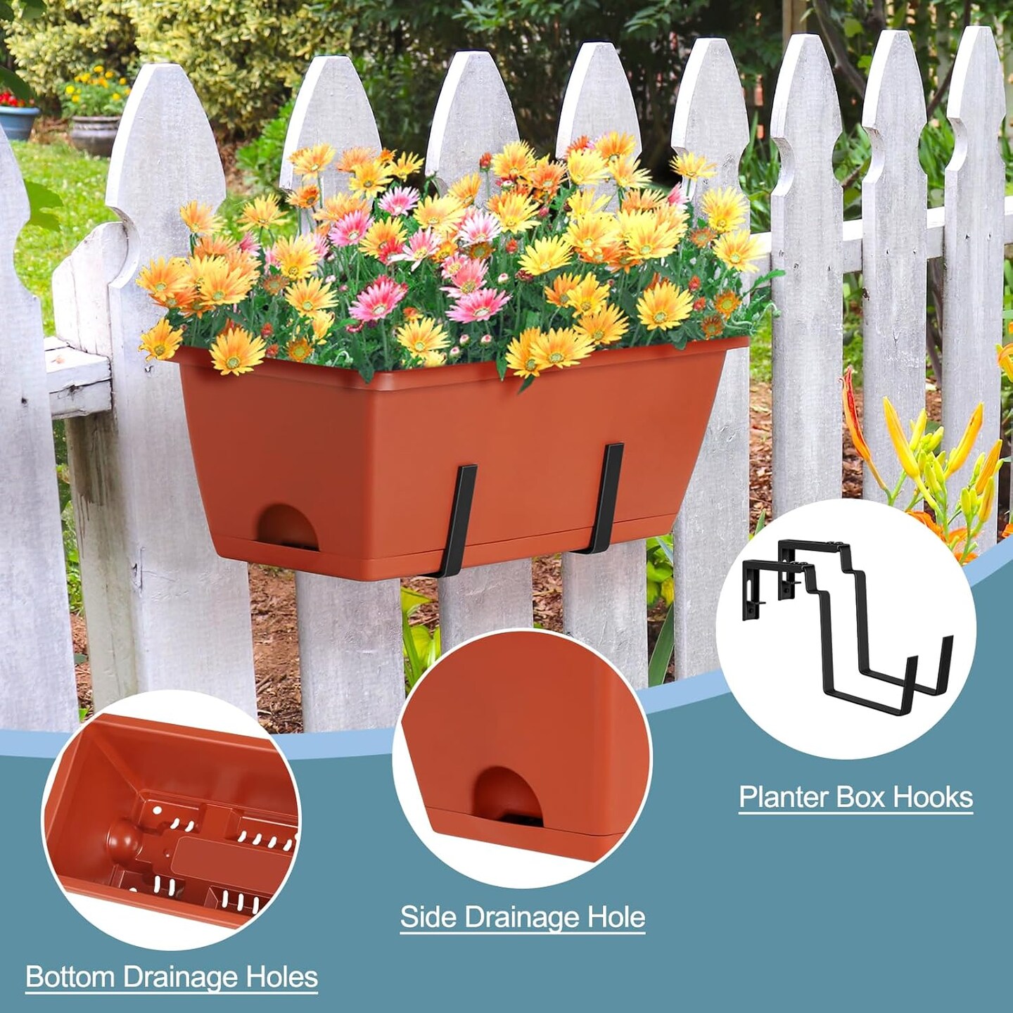 Window Boxes Planters 17’’ Railing Planter Box with Adjustable Brackets, 4 Pack Hanging Deck Railing Planters Rectangular Flower Pots for Outdoor Patio Balcony Fence