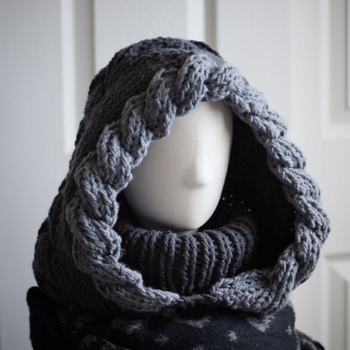 Dual Gray Winter Hood with Multi-Way Neck Warmer - Double Cable Knit Balaclava Hooded Cowl