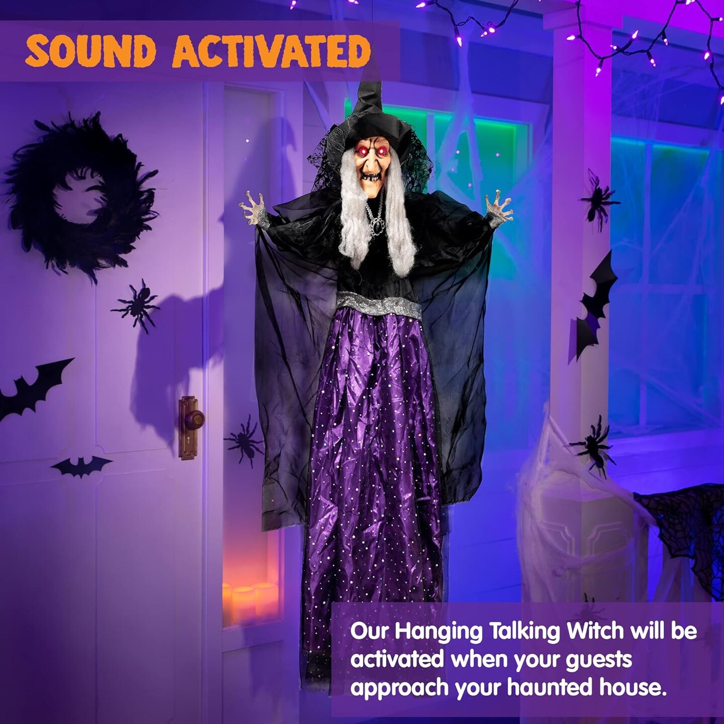 Animated Witch Halloween Decorations Outdoor Indoor Witch Decor Scary Halloween Animatronics, Hanging Talking Witch Sound Activated Led Lights Eyes Haunted House Yard Garden Lawn