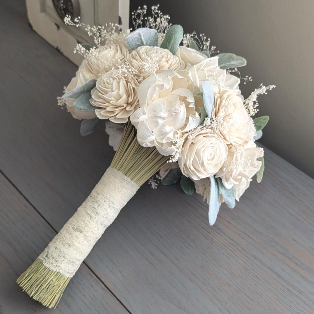 Small ivory white green popular brown rustic woodland wedding BOUQUET Sola Flowers cotton boll preserved cypress lace Flower girl Bridesmaids toss