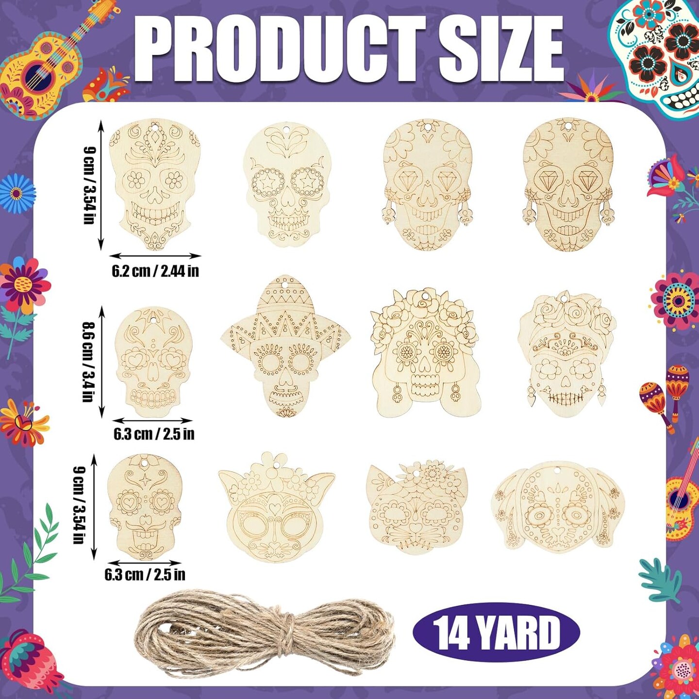 DIY Unfinished Sugar Skull Ornaments Halloween Hanging Blank Skull Crafts with Rope and Coloring Pen for Dia De Los Muertos Party Decorations