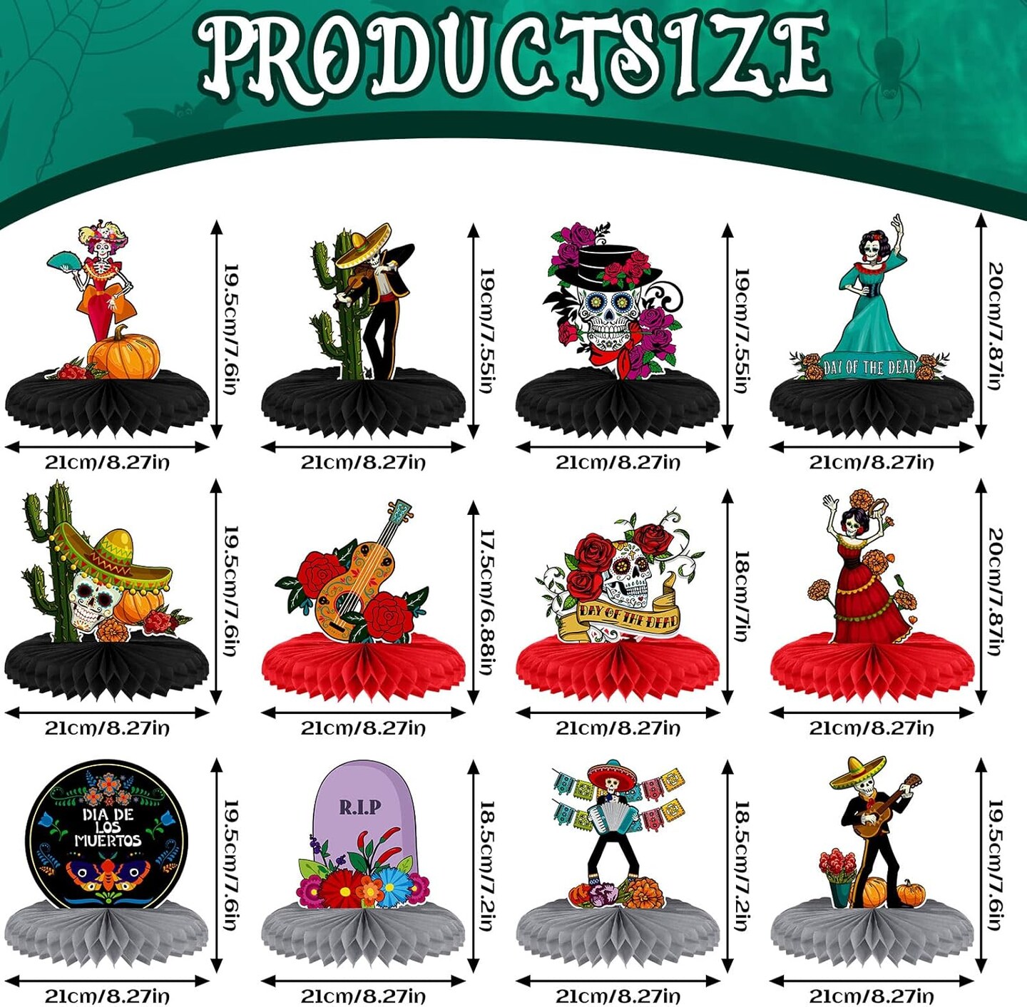 12 Pieces Day of the Dead Honeycomb Centerpieces Dia De Los Muertos Table Decorations Skull Table Toppers Cutouts for Baby Shower Birthday Halloween Day of the Dead Party Supplies