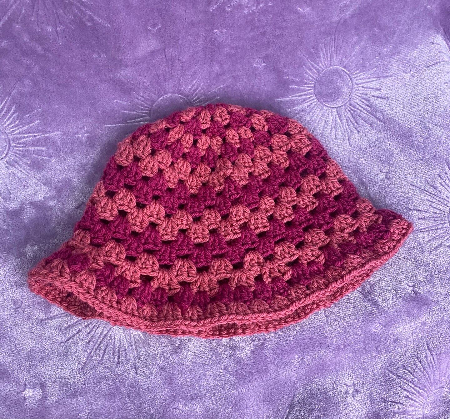 Crochet Bucket Hat Granny Square Pattern Pink and Burgundy Adult Size Handmade Crochet Pink Granny Square Bucket Hat | MakerPlace by Michaels main image 3