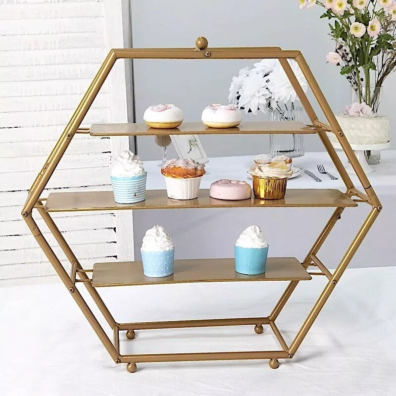 21" Gold 3 Tier Hexagon Metal Cupcake Holders Display Stand Party Event Supplies