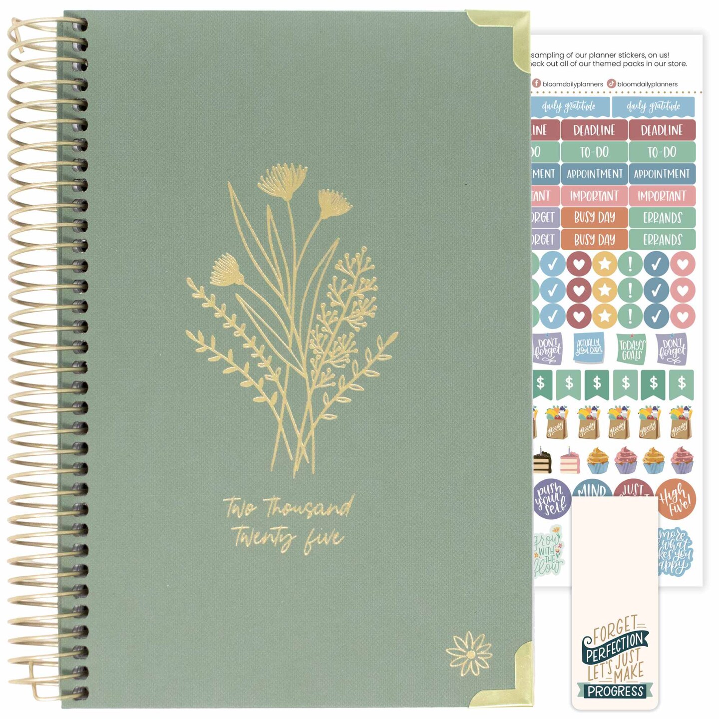 bloom daily planners 2025 Hard Cover Planner, 5.5" x 8.25", Green Linen