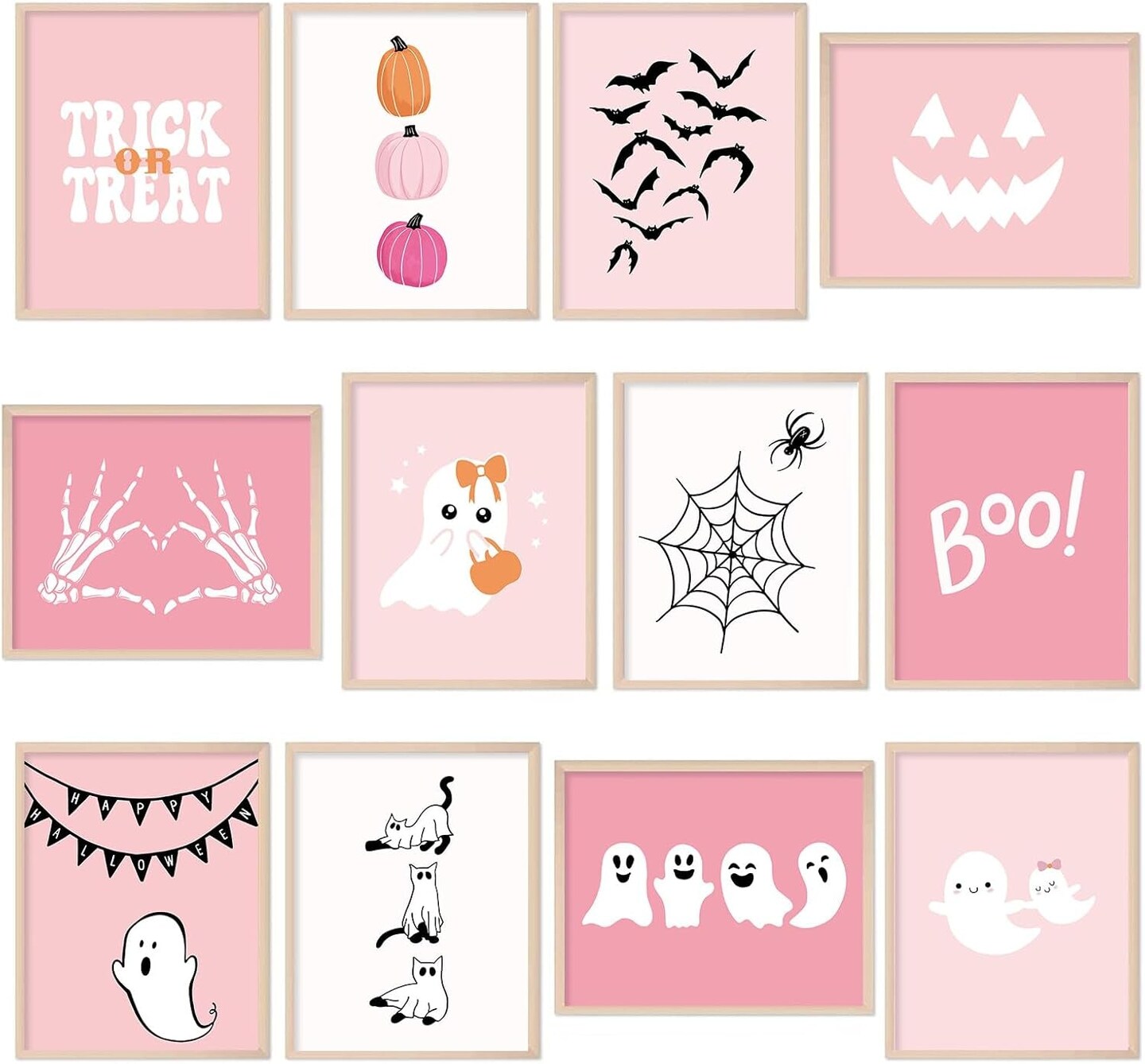 Halloween Wall Art Prints Pink Cute Ghost Boo Paper Posters Halloween Picture Decoration for Party Gallery Living Room Office, 8 X 10 Inch, Unframed