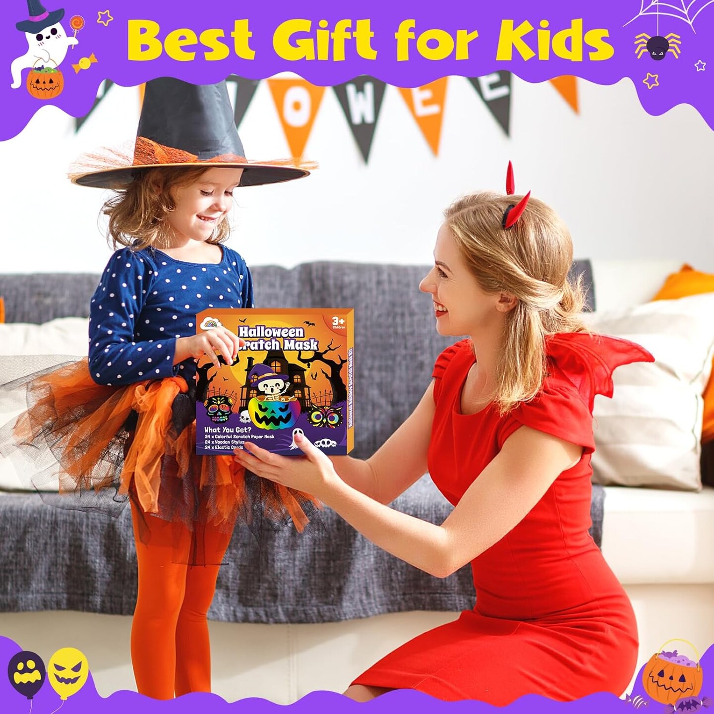 24 Pcs Rainbow Scratch Paper Mask Craft Kit Halloween Themed