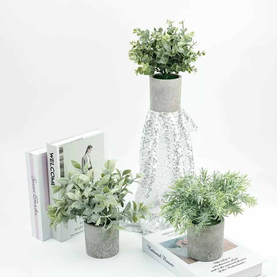 3 Frosted Green Gray 9&#x22; Assorted Mini Potted Artificial Plants Party Decorations