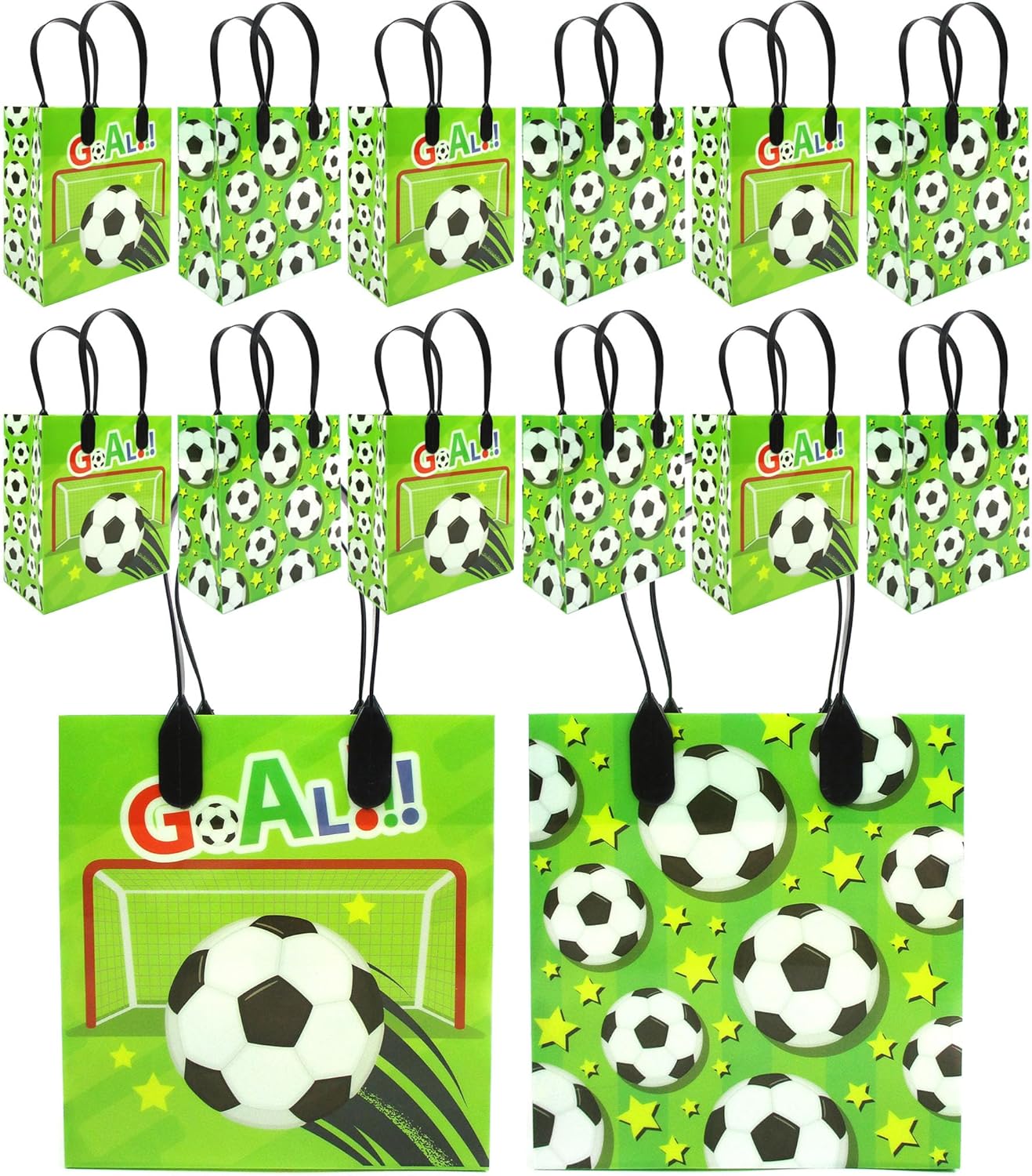 TINYMILLS Soccer Futbol Themed Party Favor Bags Treat Bags with Handles, Soccer Futbol Candy Snack Bags for Birthday Party Snack Duty Goodie Bags, Pack of 12